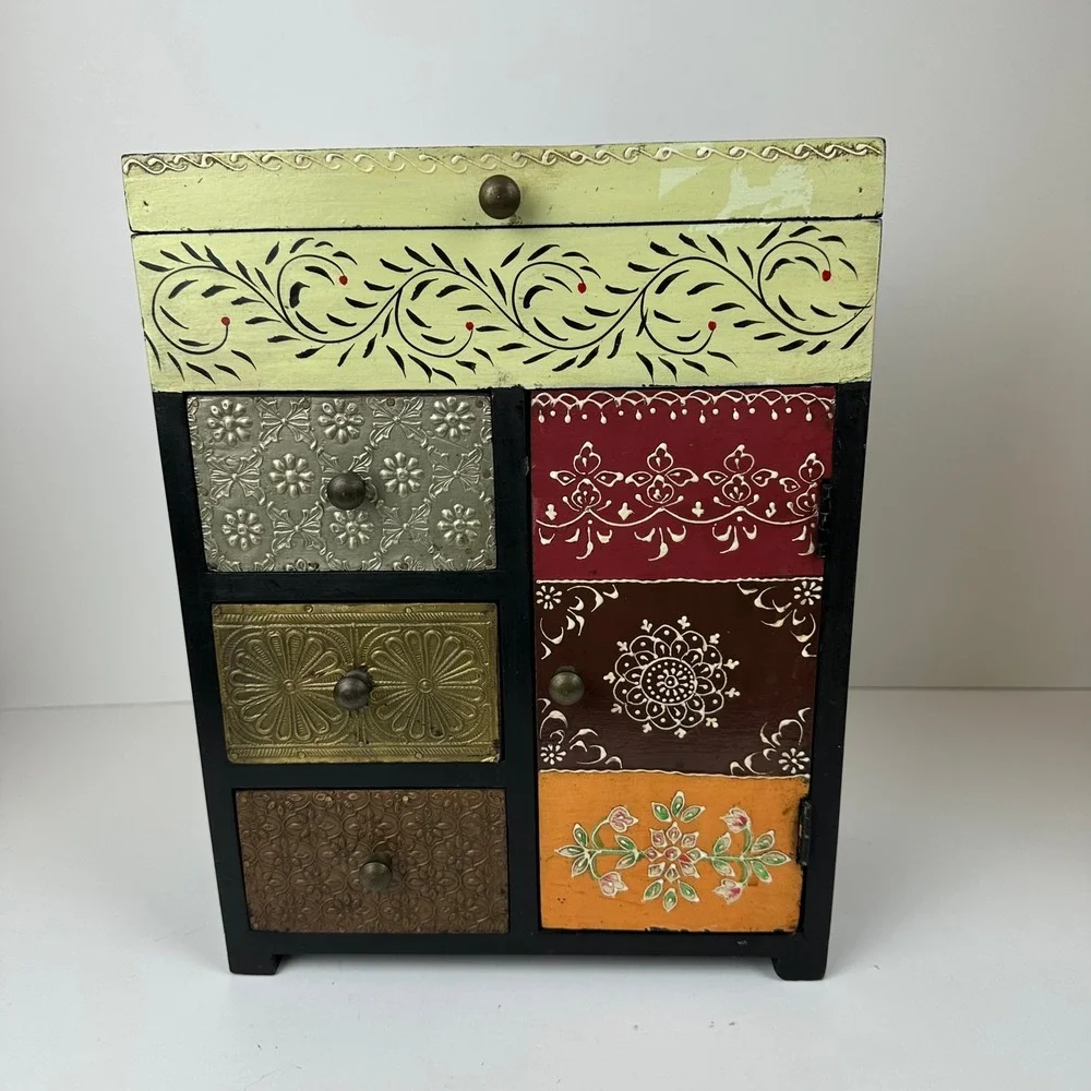 Sundance Wood Hand Painted Jewelry Armoire Box Boho Metal Embossed Drawers India